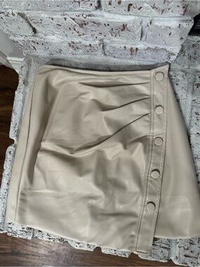 Faux Leather A-Line Mini Skirt in Taupe with Button Trim